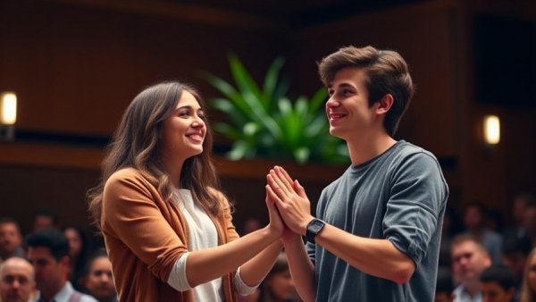 Young person on stage smiling softly, symbolizing authenticity and self-acceptance.