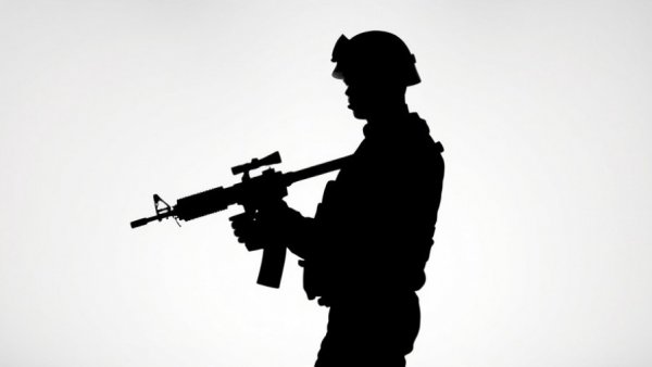Silhouette of soldier holding rifle in determined stance against plain background.