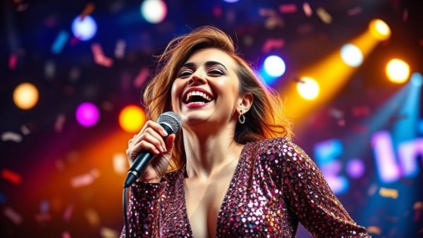 Performer on stage under bright lights and confetti.