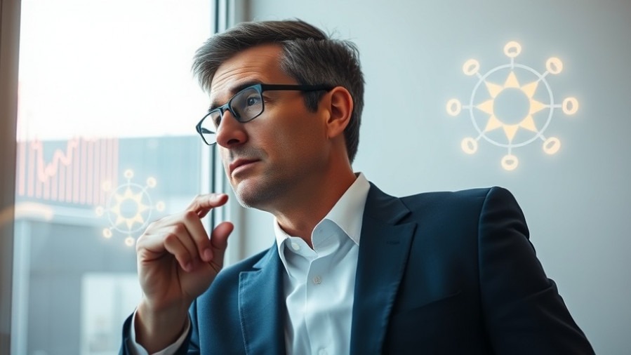 Thoughtful businessperson pondering AI investment strategies amid glowing data visuals.