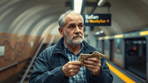 Middle-aged man considering stairs for healthy lifestyle motivation in subway.