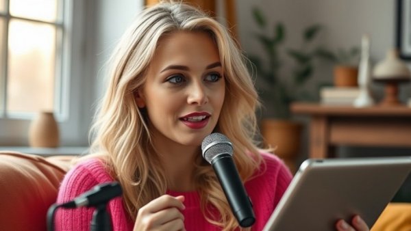 Woman in a pink sweater discusses brand design in cozy setting.