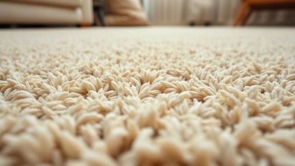 Easy Carpet Care Tips: Close-up of a soft beige carpet under warm lighting.