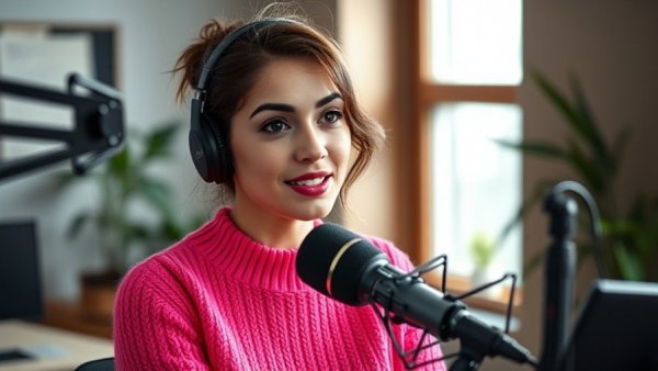 Passenger Princess Mindset: Woman podcasting in pink sweater, natural light.