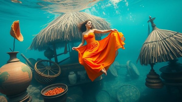 An artistic movement fueled by ancestral wisdom, illustrated by a surreal scene of a floating woman and cultural artifacts.