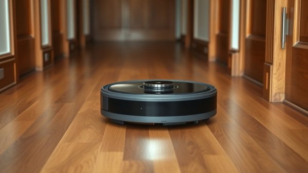 Modern robot vacuum showcasing cleaning performance on wood floor.