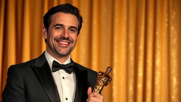Smiling male celebrity in tuxedo with award on gold backdrop.