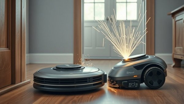 Dynamic robot vacuums tackling threshold, showcasing innovation.