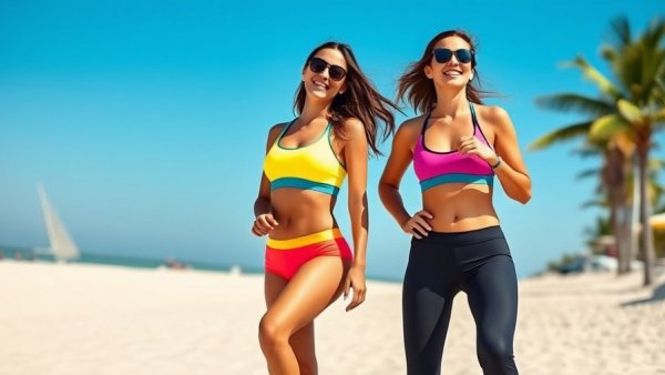 Fit twin moms enjoying a sunny beach day, showcasing fitness.