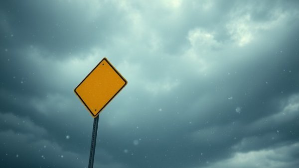 Winter storm warning sign amid swirling snowflakes during a storm.