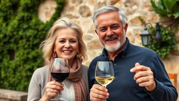 Happy couple enjoying wine in front of a French chateau.