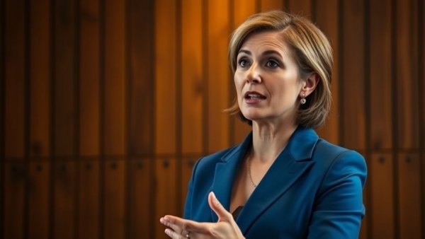 Woman presenting sustainable AI solutions in a blue suit.