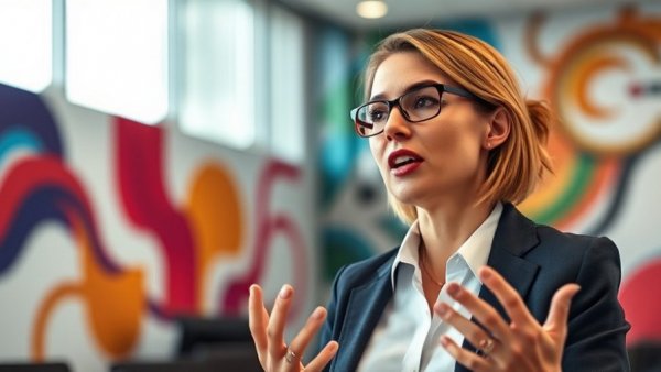 Wall Street executive started a $70M business from attic, businesswoman speaking passionately in an office.