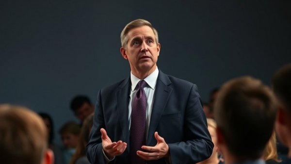 Thoughtful speaker discussing AI's impact on purpose at TED talk.