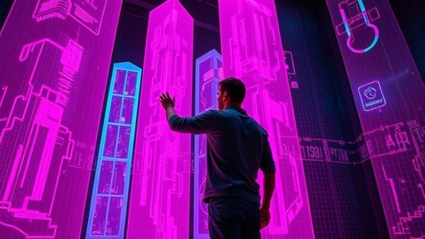 Person interacting with holographic structures in a digital space, Build Your Life Stack.