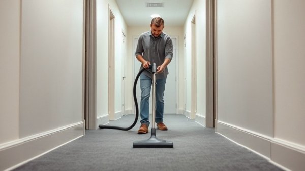 Person cleaning carpet in narrow hallway with vacuum equipment.