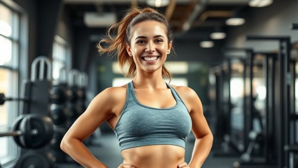 Energetic woman confidently smiling in gym, showcasing fitness.