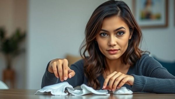 Focused woman points at Egal menstrual care products on table.