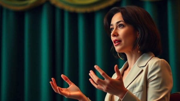 Confident woman discussing networking strategies, green background.