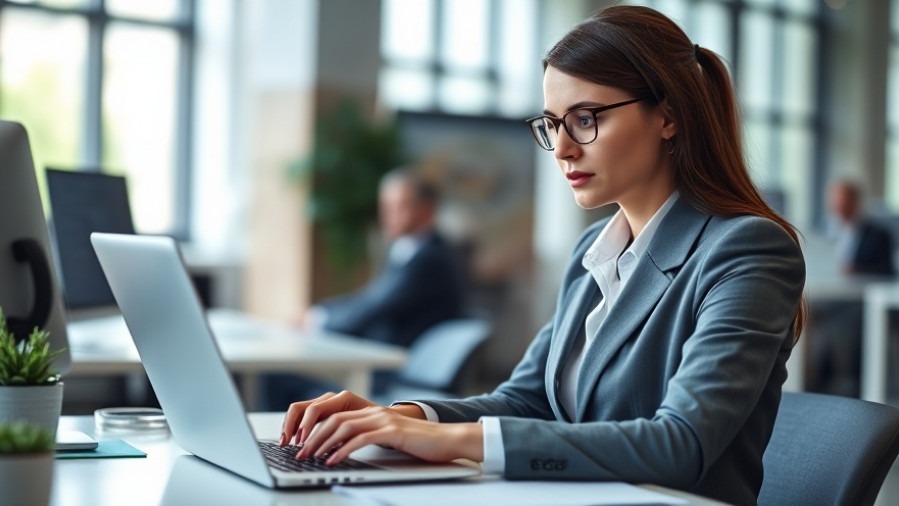 Professional woman demonstrating effective business communication while typing on a laptop.