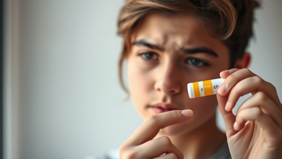 Thoughtful teenager with an EpiPen, symbolizing allergy treatment and anaphylaxis awareness.