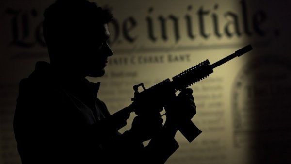 Silhouette of a person with rifle, legal motifs background.