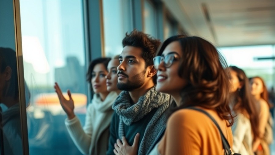 Diverse travelers at airport windows, embodying anticipation amidst air travel growth.