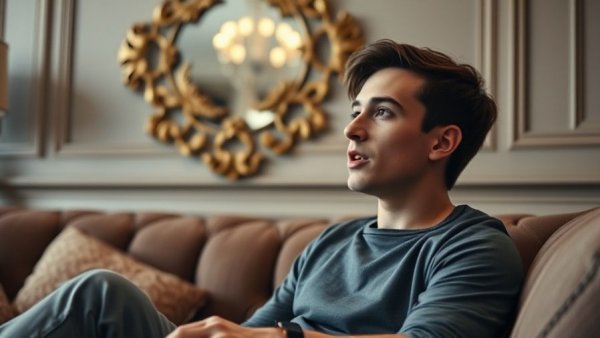 Young man discussing AI app success stories in elegant living room.