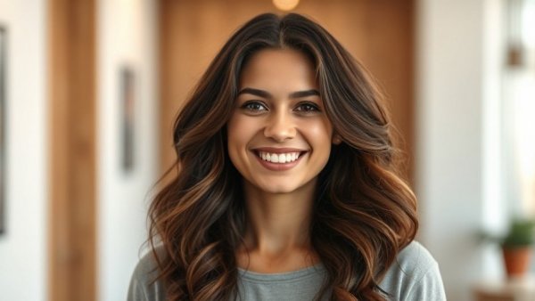 Smiling woman indoors, Nexstep Controller Announcement setting.