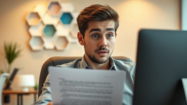 Surprised young man reading text on a screen in an office.