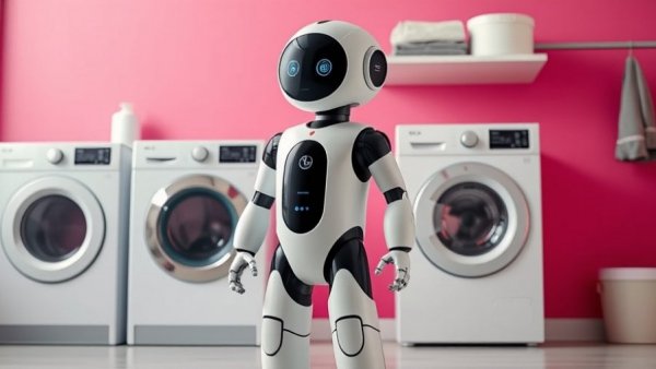 Futuristic LG CLOiD home robot in front of modern setup.