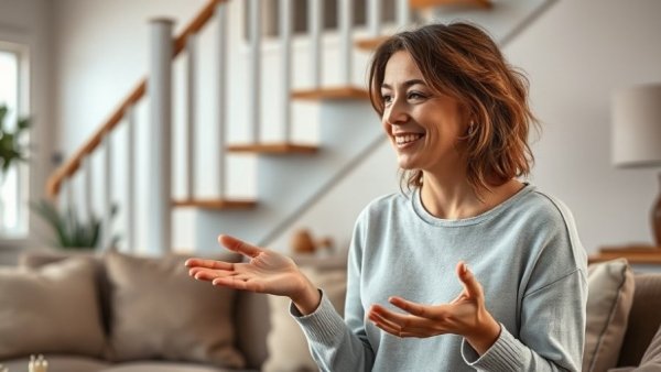 Woman discussing procrastination in household chores, cozy setting.