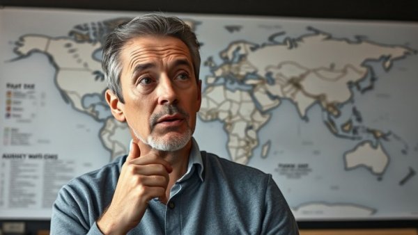 2026 Global Risks discussion with expert in front of world map.