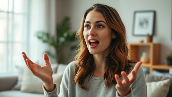 Woman discussing 2-Minute Daily Clutter Sweep in cozy home.