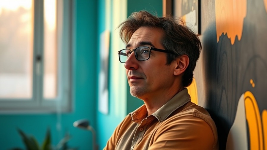 Thoughtful art studio owner reflects on branding strategies by vibrant workspace.