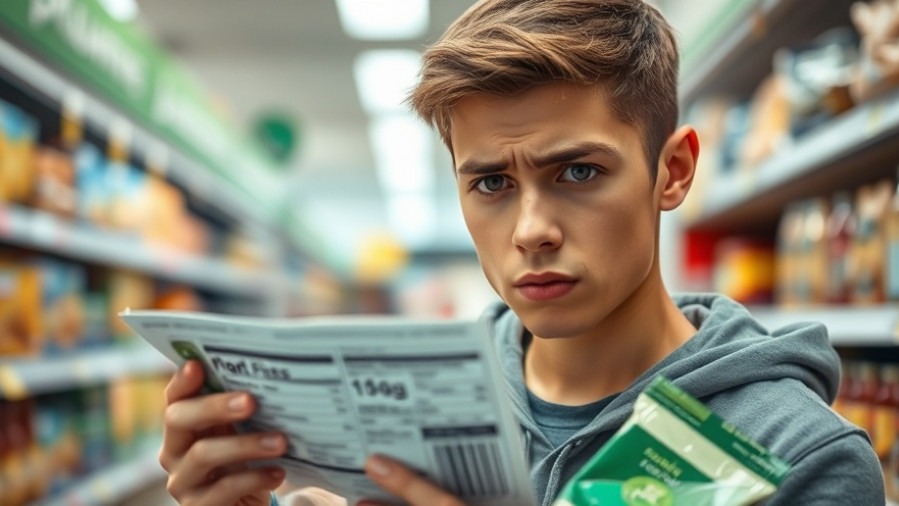 Concerned person examining processed foods in a supermarket for health issues.