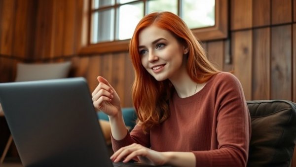 Young woman discussing how to optimize SEO for WordPress websites indoors.