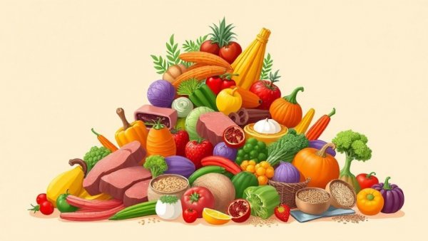 Food pyramid illustration showcasing diverse colorful foods.