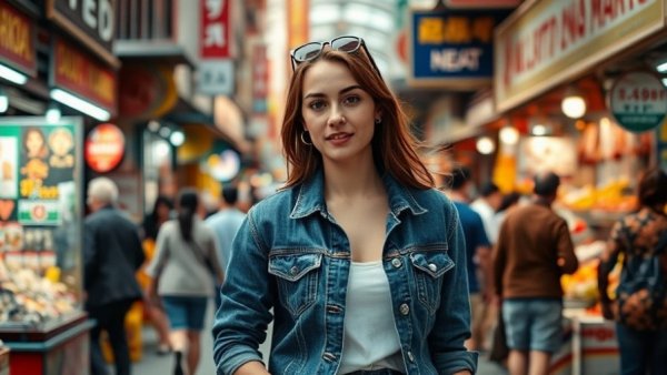 Middle Eastern market scene with young woman in denim jacket.