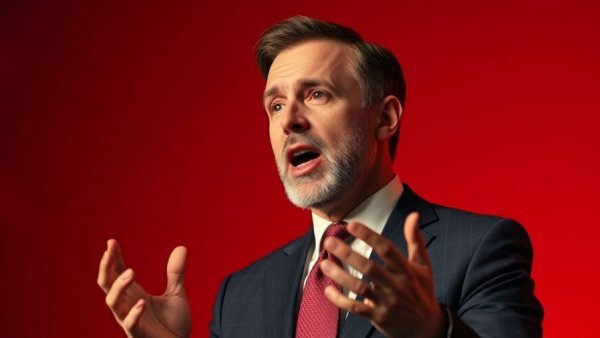 A professional man passionately speaking with vibrant red textured background, illustrating the power of appreciation in tough times.