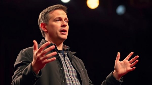 Confident speaker discusses treatment methods at TED event.