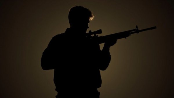 Silhouette of a man with a rifle, dramatic lighting, gun license denial concept.