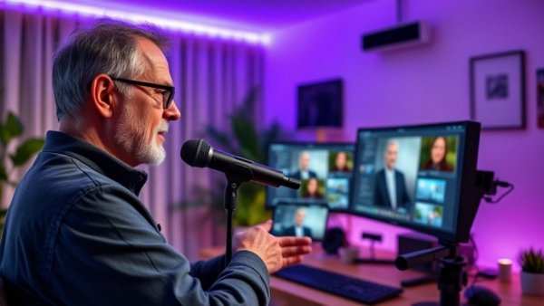 Man uses teleprompter app for video recording in home office.