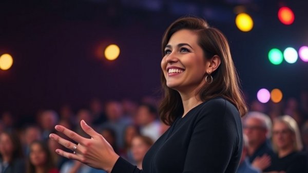 Confident female speaker engaging with audience, friends as life partners theme.