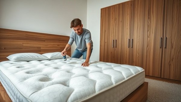 Clean urine stains from mattress with focused man cleaning.