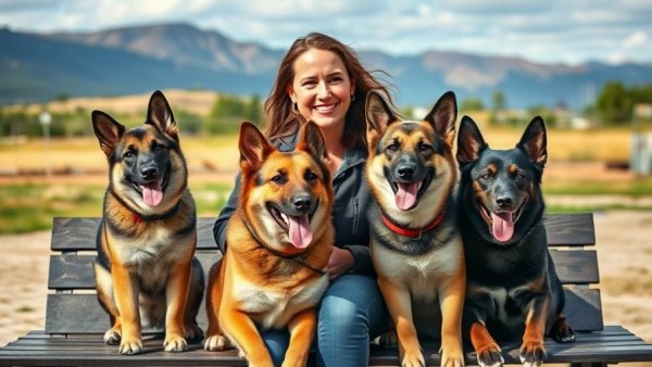 Confident woman with protection dogs, outdoor setting, smiling.