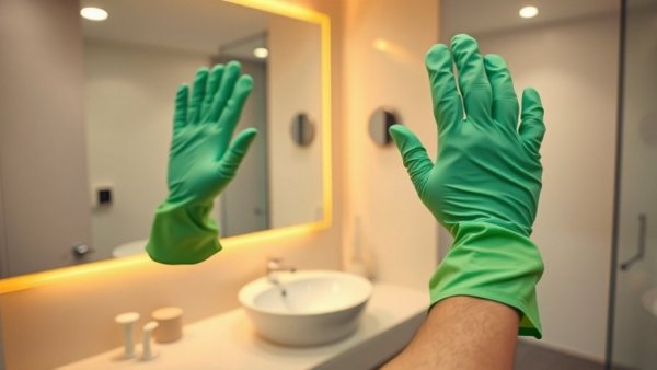 Person cleaning bathroom with gloves for bathroom cleaning checklist.