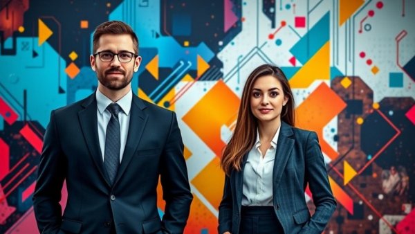 Empower your team: business professionals in front of colorful abstract.