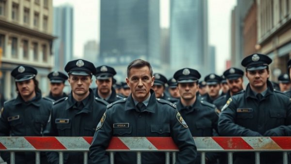 ICE actions in Minneapolis affect businesses, uniformed officers behind barrier.