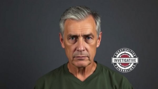 Mugshot in court hearings, investigative emblem visible.